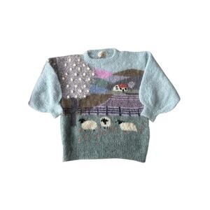 Susie Lee Covent Garden Hand Knit Mohair Sheep Sweater Blue Grey England   M/L